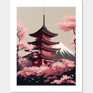 Serene Serenity: Minimal Japanese Temple, Cherry Blossoms and Mount Fiji Posters and Art